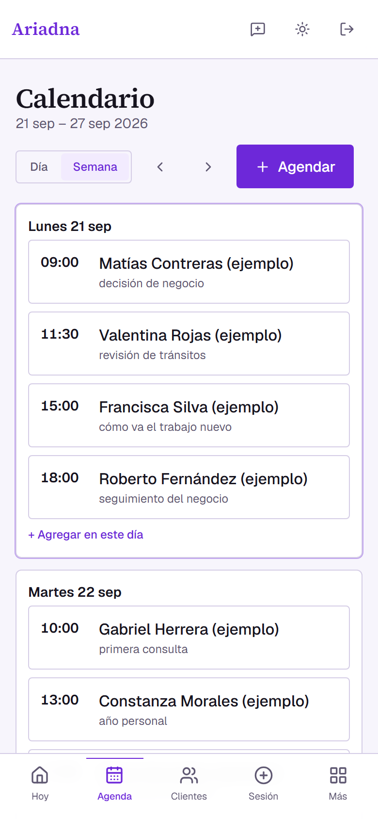 Agenda de la semana con las sesiones agendadas en Ariadna