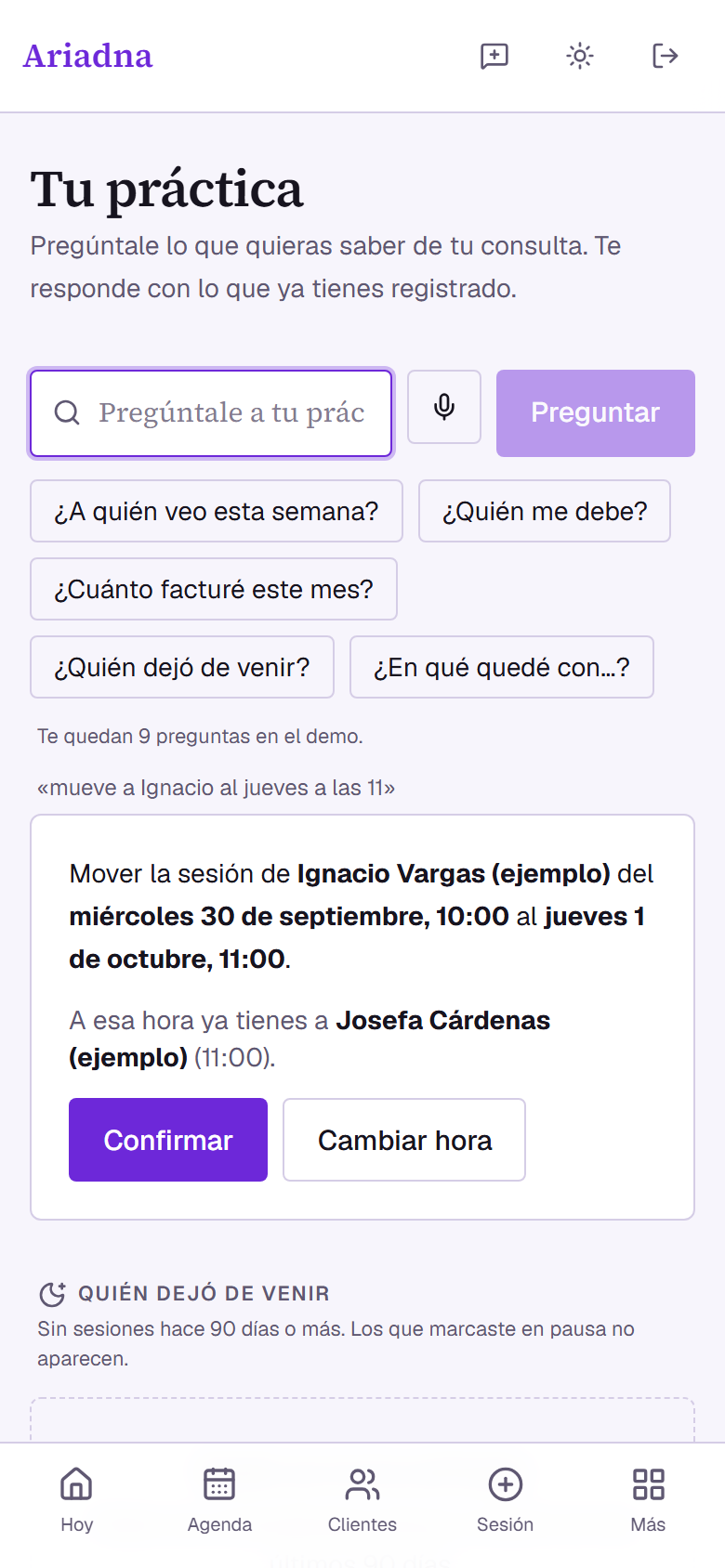 Pregúntale a tu práctica proponiendo mover una sesión, con el botón Confirmar