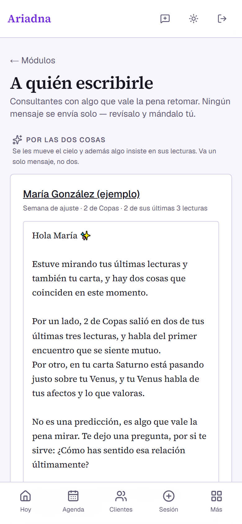 Mensaje de aviso ya redactado, listo para copiar a WhatsApp, en Ariadna