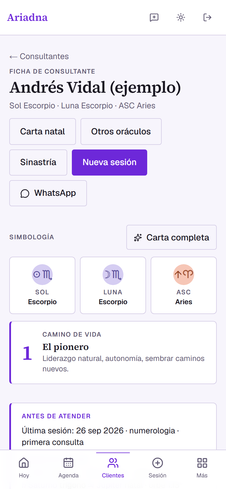 Ficha de un consultante con su camino de vida