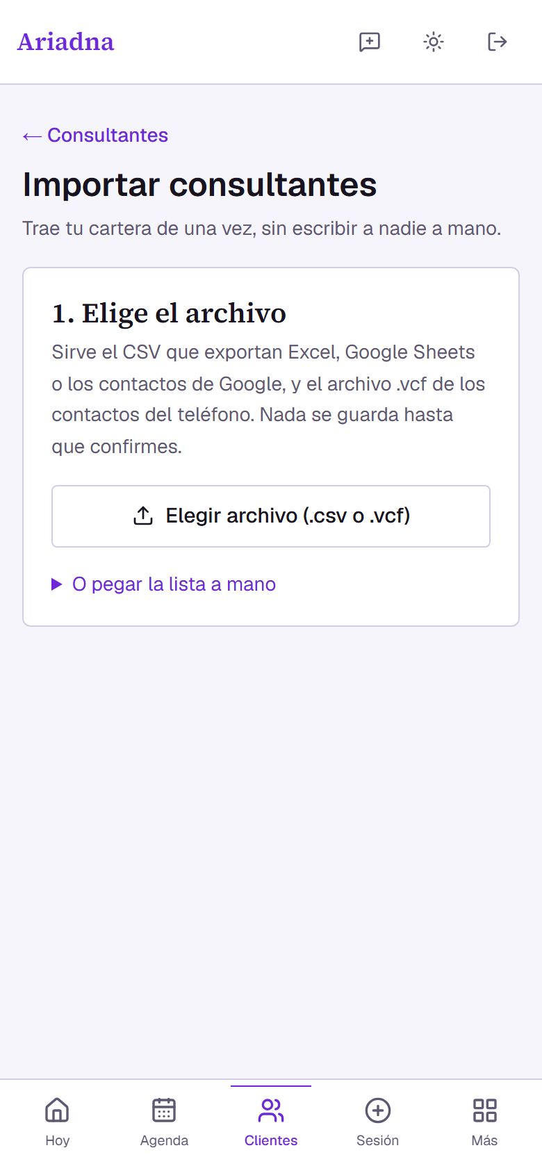 Pantalla de importar consultantes en Ariadna