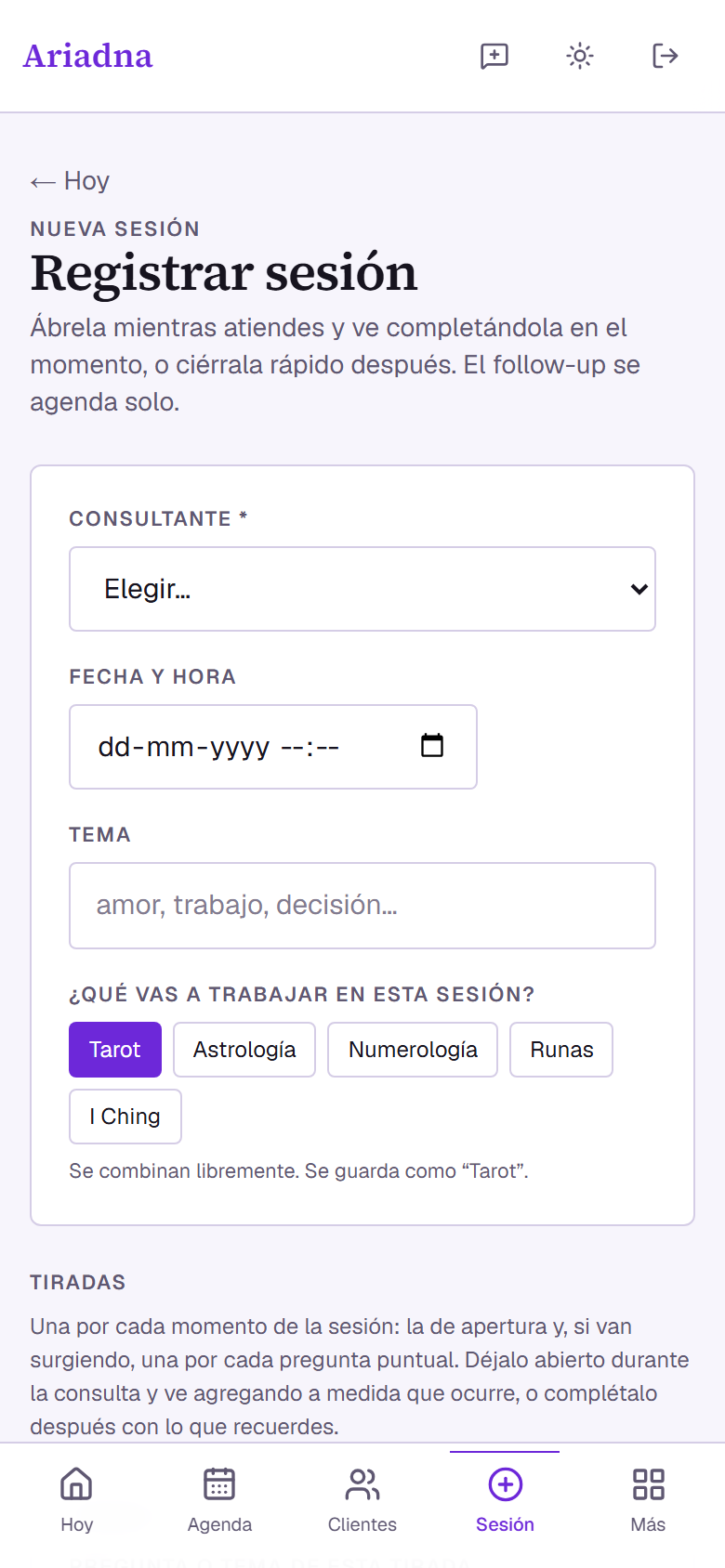 Interpretación de una tirada dentro del registro de sesión en Ariadna