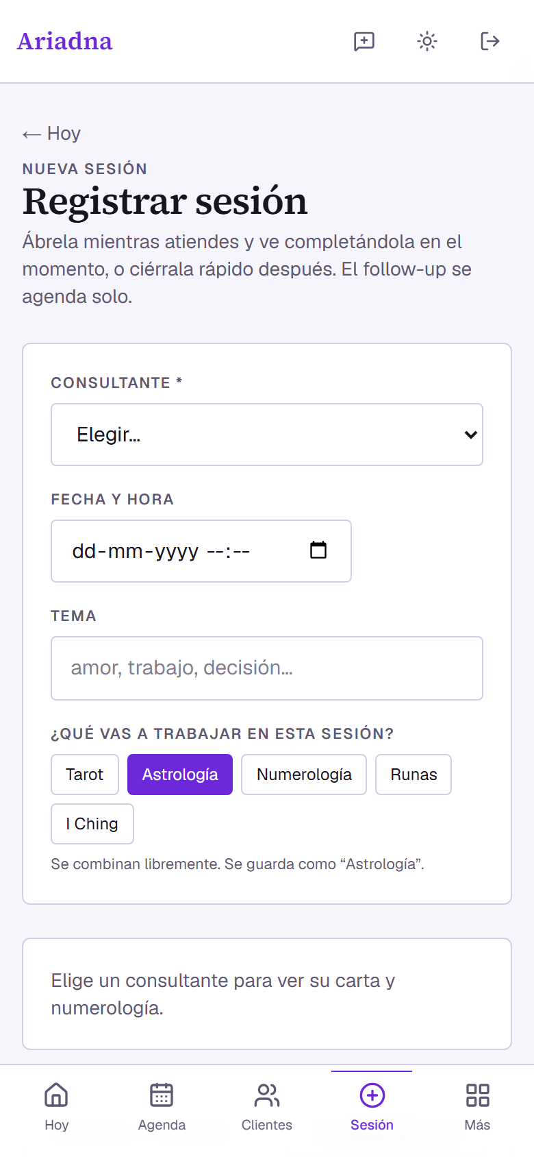 Registro de una sesión de astrología, donde se dicta la nota de voz