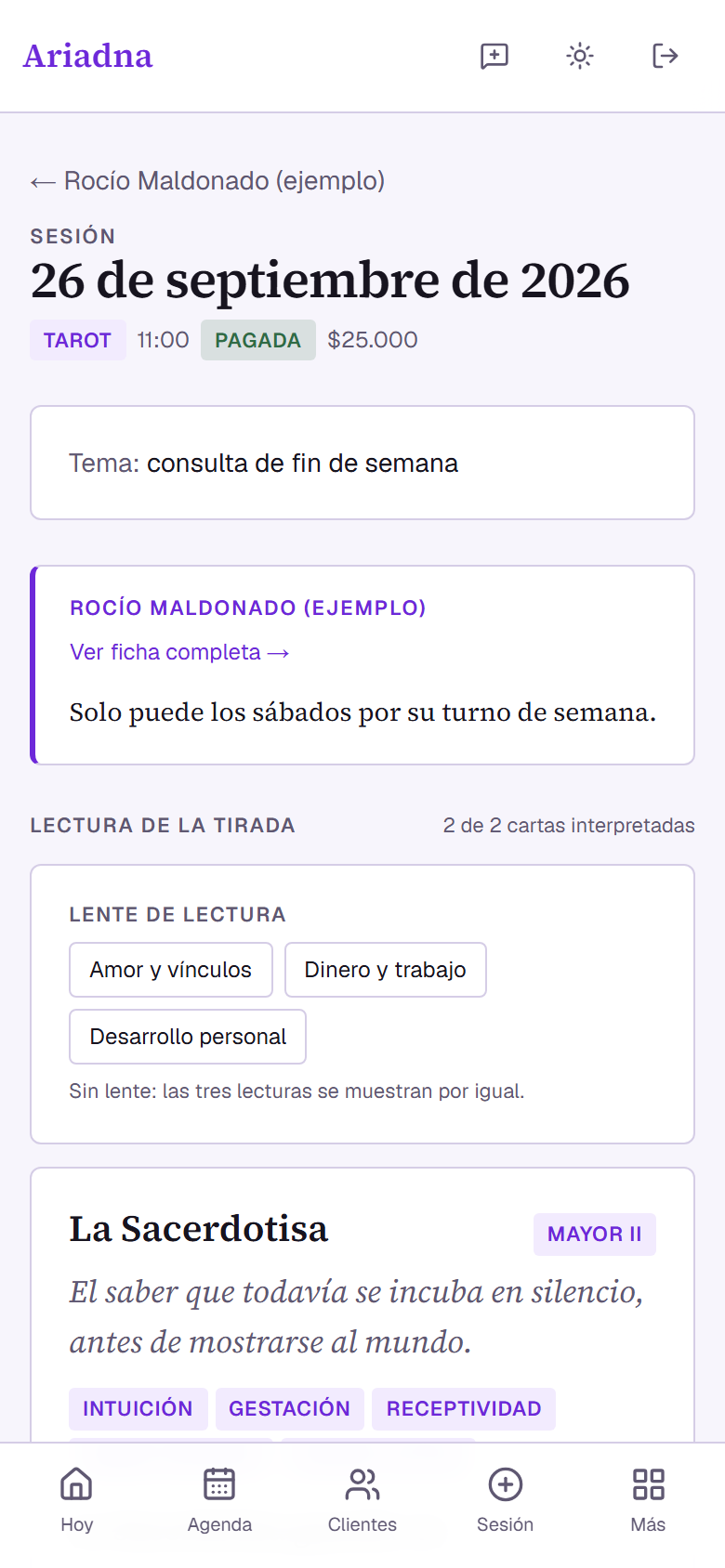 Lectura de una tirada con el significado de cada carta